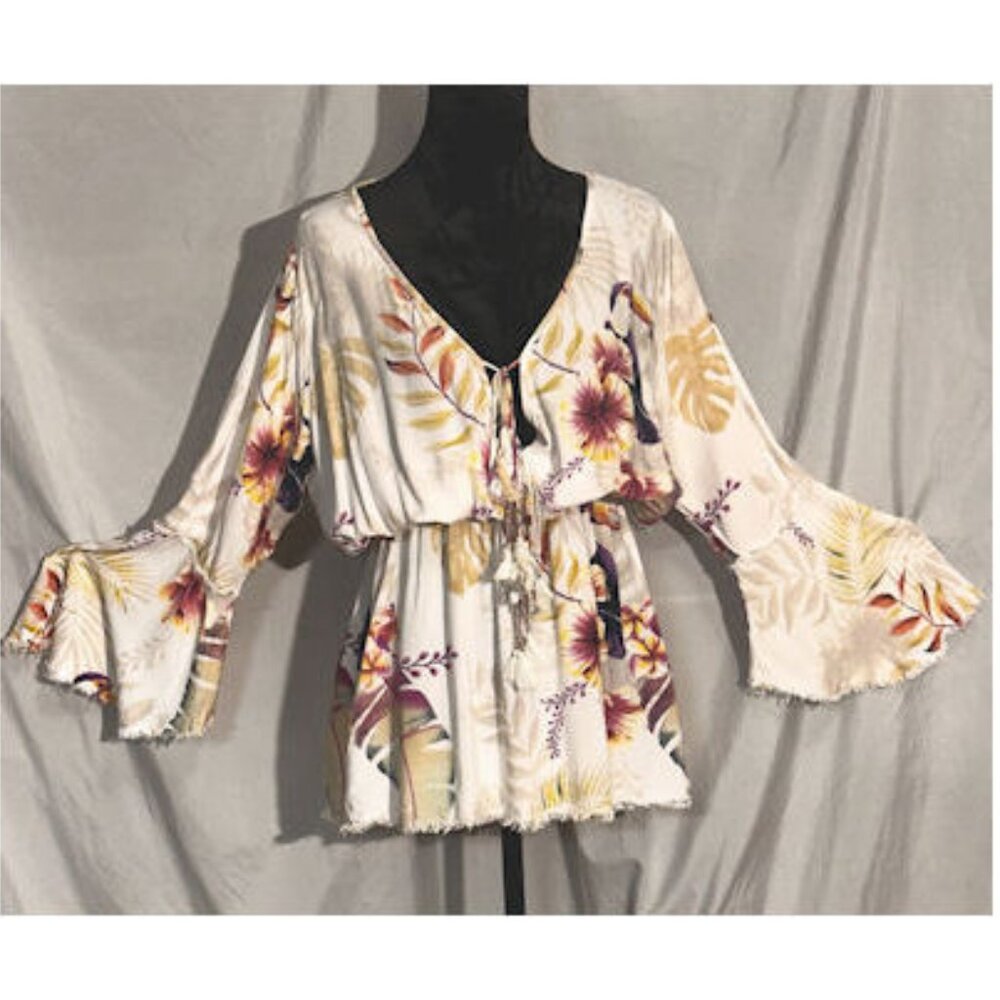 Z&L Wildflower Tunic, Raglan Sleeves, Unfinished Edges, Hippy Blouse, Size Med